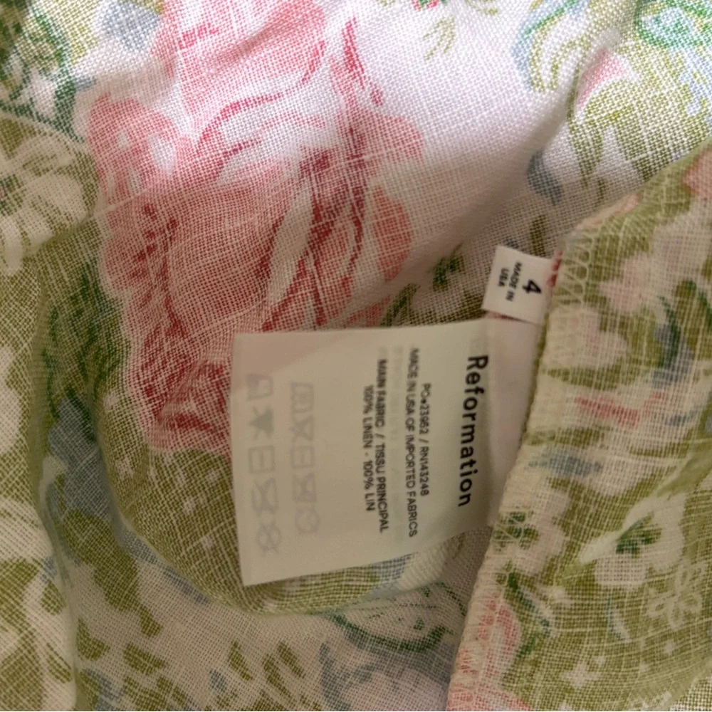 Reformation Full Linen Floral Square-Neck Mini Dress in Green, Pink and Blue - Picture 5 of 8